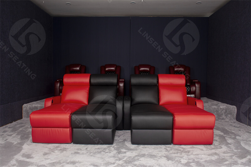 front side of the movie room with couches