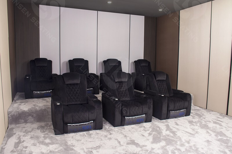 home theater of 7 people with black power theater recliner