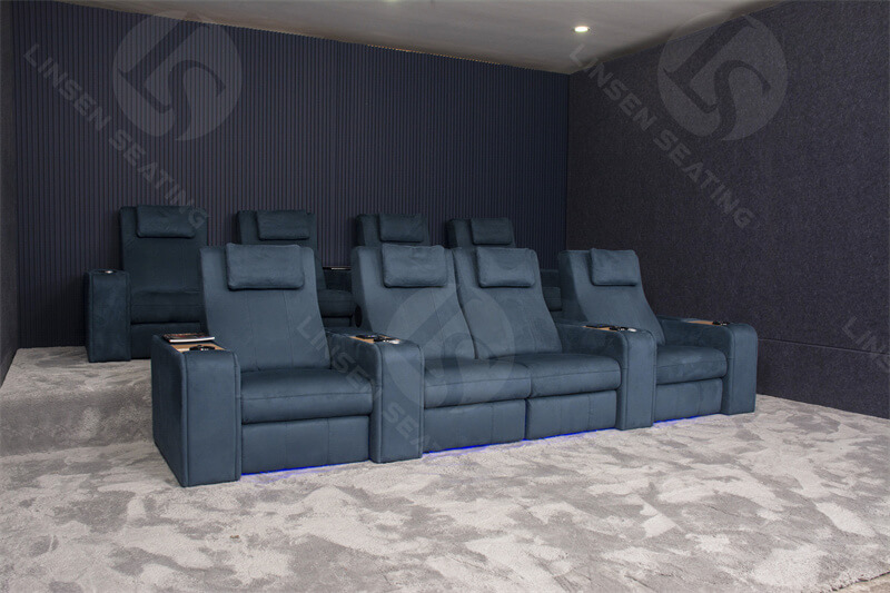 blue fabric theater recliner sofa
