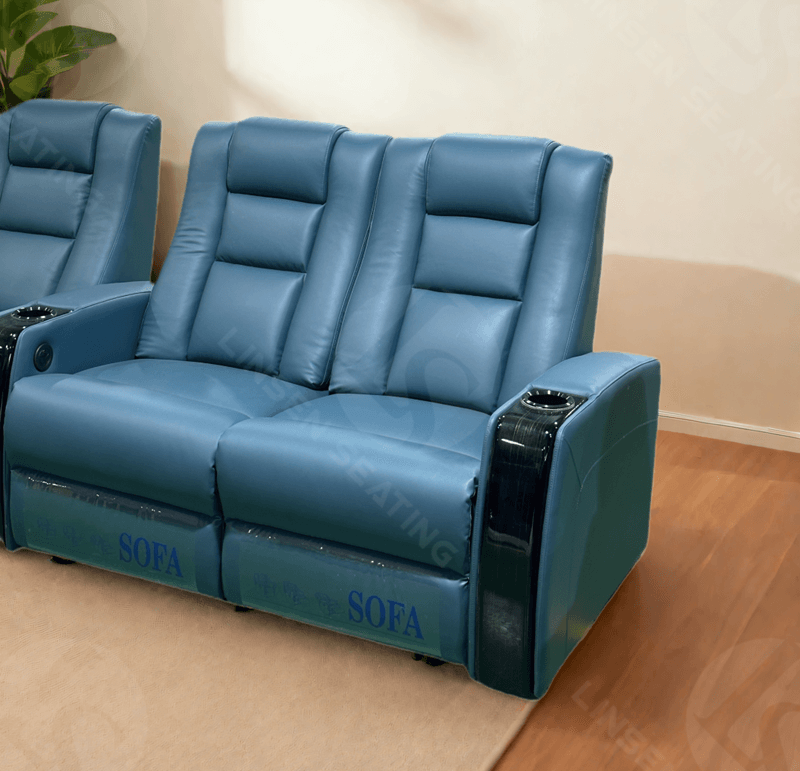 blue leather theater loveseat