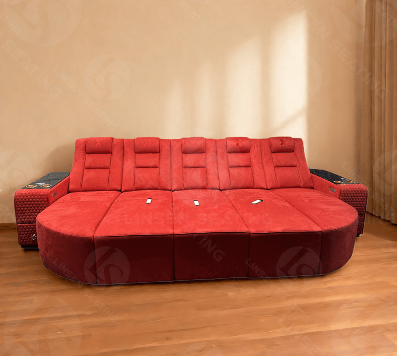 red fabric theater seating with chaise