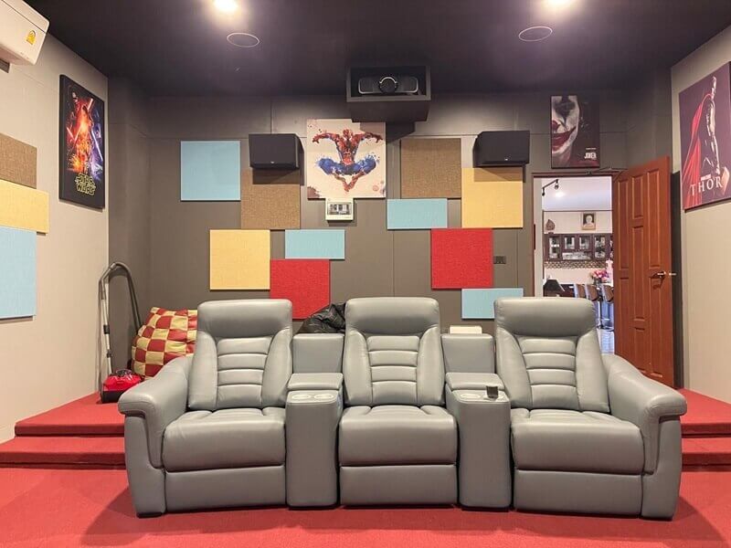 home theater with leather media reclining chairs