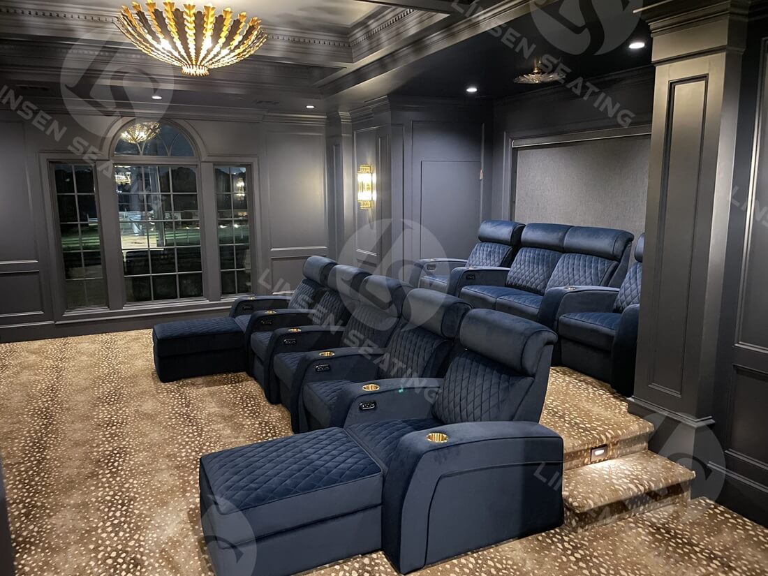 Home Theater With Blue Velvet Fabric Recliners