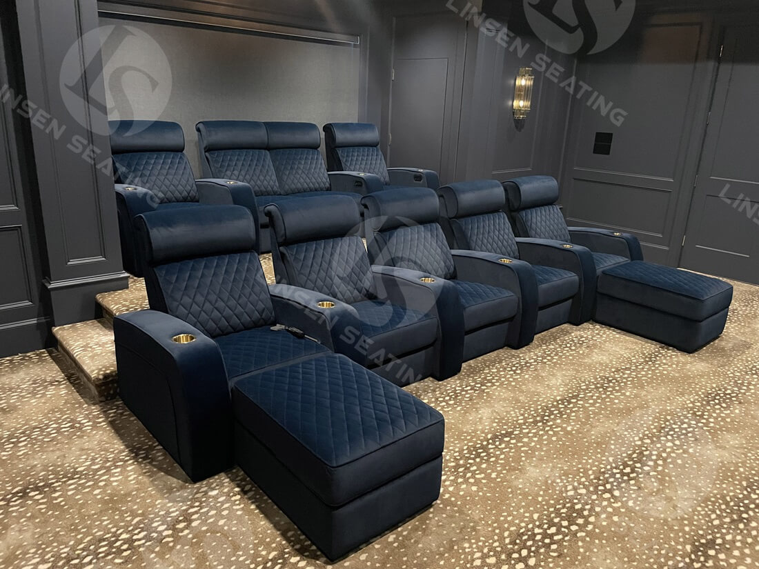 home cinema with blue theater seats