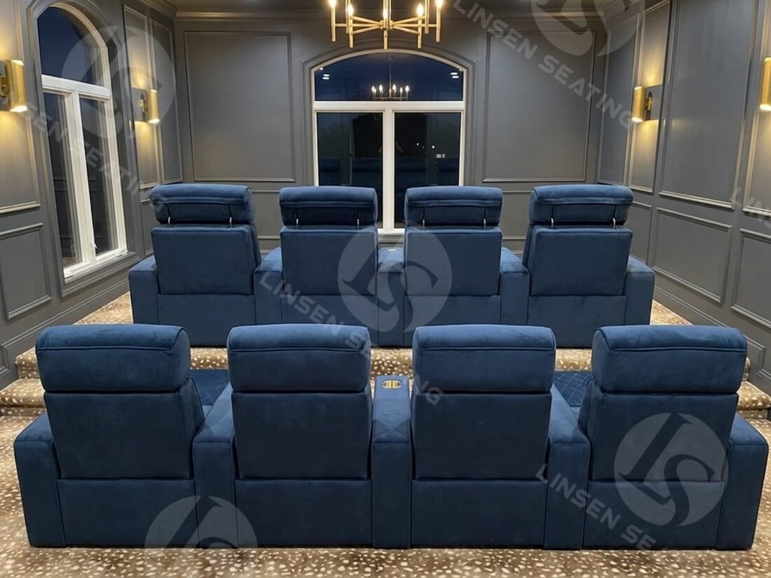 home theater with blue chairs