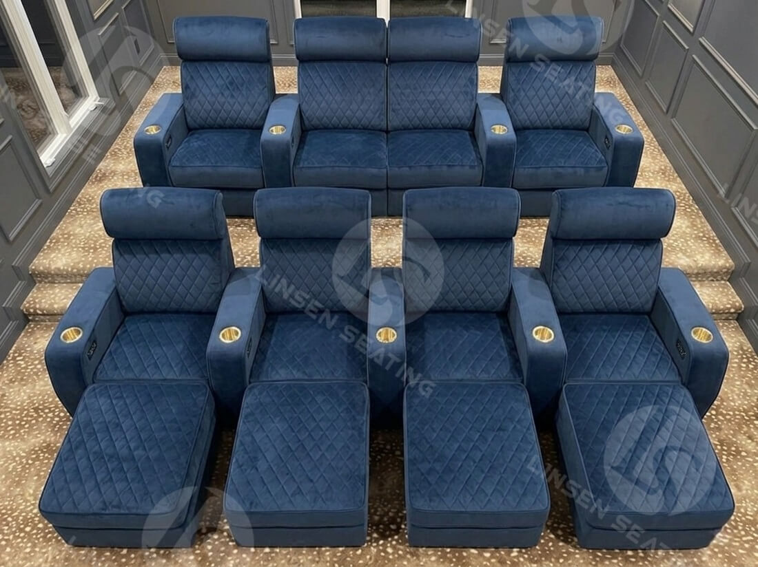home theater with fabric theater recliners
