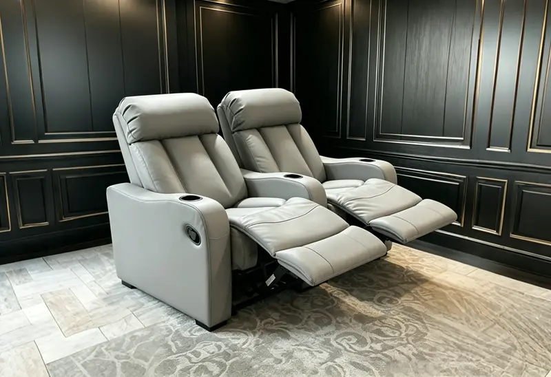 Side angle of LS-M2631 2-seat leather manual recliner with cup holders